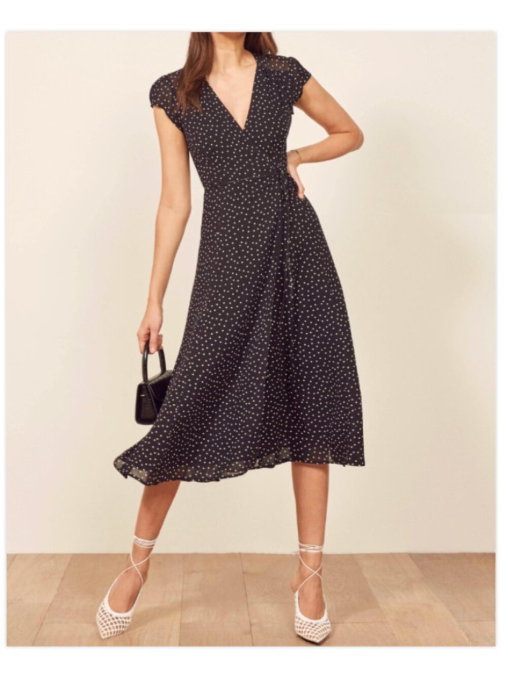Reformation Carina Wrap Midi Dress Polka Dot Floral Black White Size S
